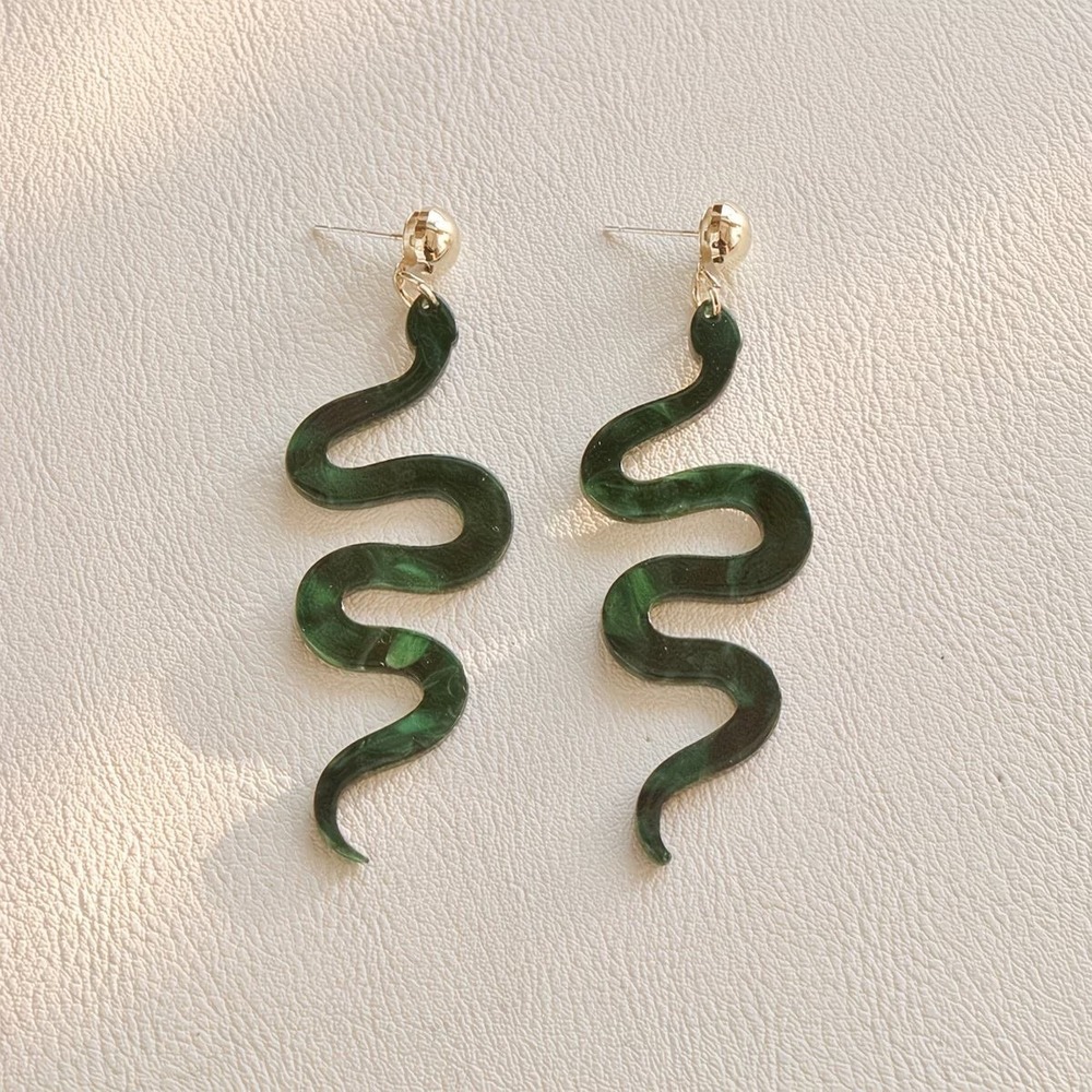 Green Marbled Acrylic Snake Drop Earrings Gold Stud Serpent Dangle Statement